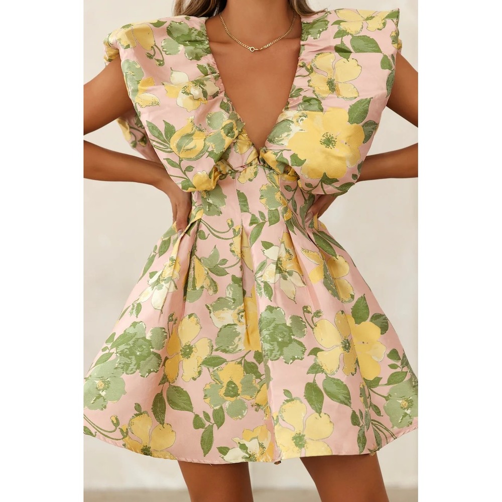 Selfie Leslie Pink Yellow Floral Ruffle Sleeve Mini Dress SLID6268 Large NWT